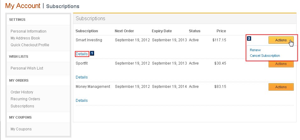 Mi cuenta: Captura de pantalla de la página Suscripciones