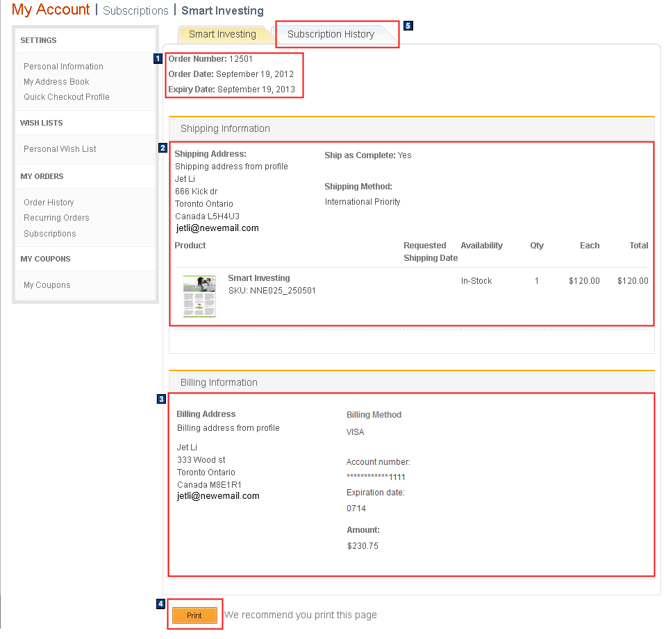 La captura de pantalla de la página de Mi cuenta: Suscripciones