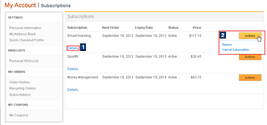 Mi cuenta: Captura de pantalla de la página Suscripciones