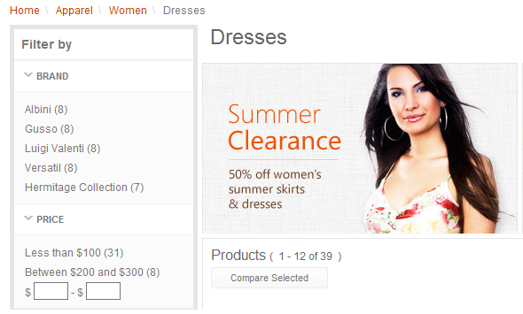 Captura de pantalla para navegación por facetas