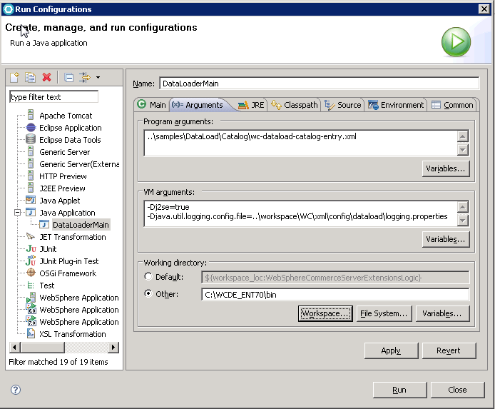 Captura de pantalla del menú Ejecutar configuraciones - pestaña Argumentos