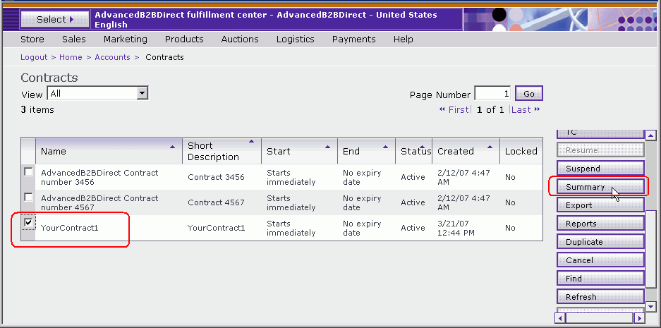 Captura de pantalla de la nueva página Lista de contratos, que resalta el botón Resumen.