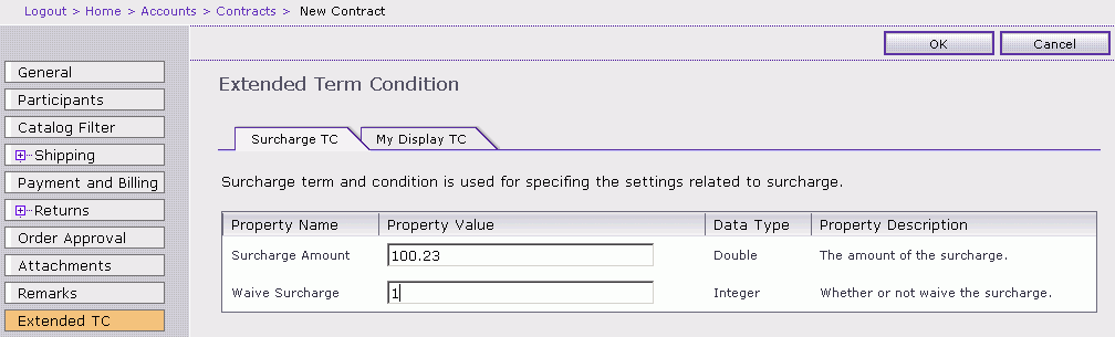 Captura de pantalla de la página Término y condición ampliados en HCL Commerce Accelerator.