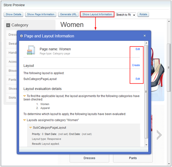 Ubicación de los enlaces Crear y Editar en la ventana Información de página y diseño