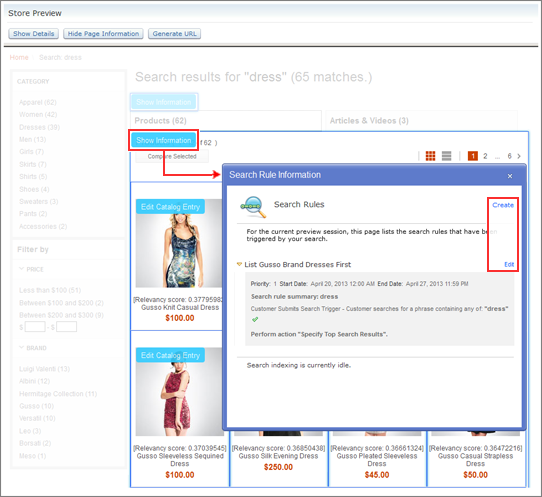 Ubicación de los enlaces Crear y Editar para reglas de búsqueda