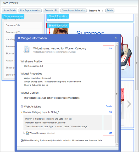 Ubicación de los enlaces Crear y Editar en la ventana Información de widget