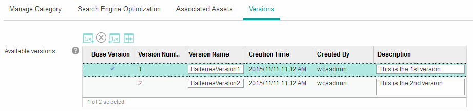 Captura de pantalla de versiones de una categoría resaltando la marca de selección.