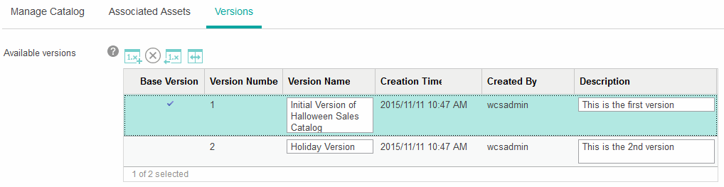 Captura de pantalla de versiones de catálogos de ventas resaltando la marca de selección.