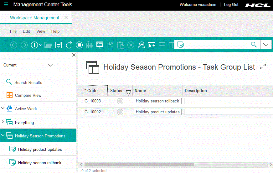Vista del espacio de trabajo Promociones de la temporada de fiestas en la Workspace Management tool