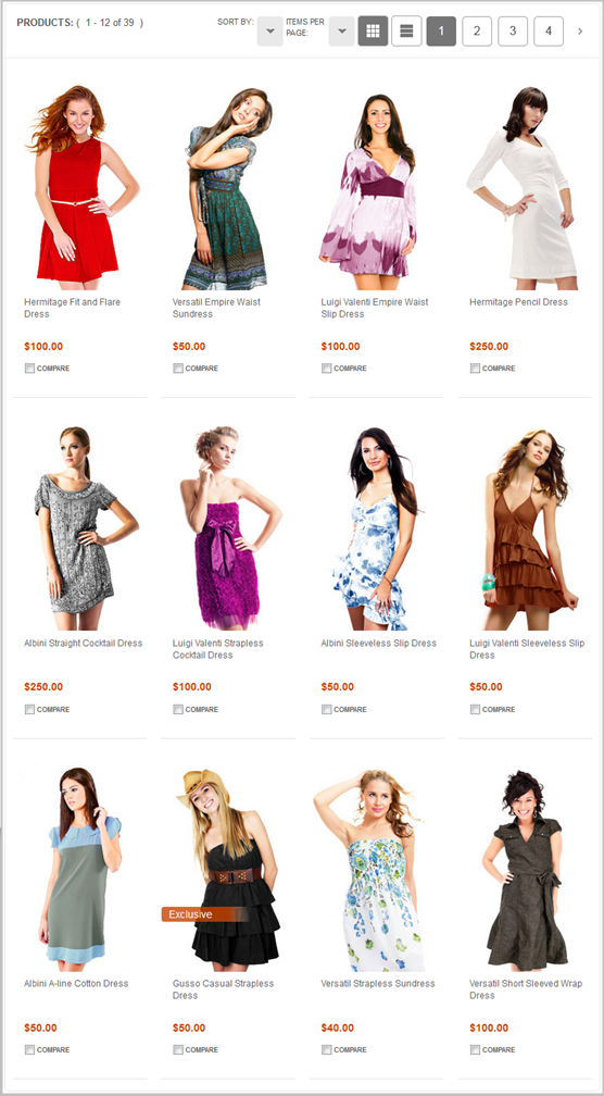 Ejemplo de un widget de Lista de entradas de catálogo – vista de cuadrícula