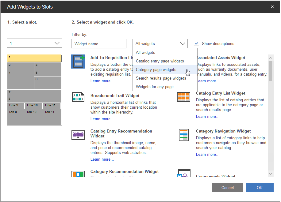 ventana Añadir widgets a ranuras