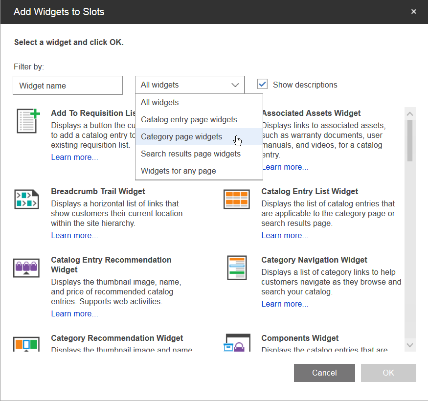 Ventana Añadir widgets a ranuras.