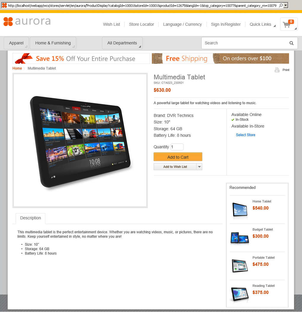 Página de tienda con el URL heredado