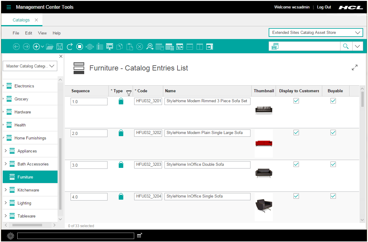 Lista de entradas de catálogo antes de llevar a cabo la personalización.