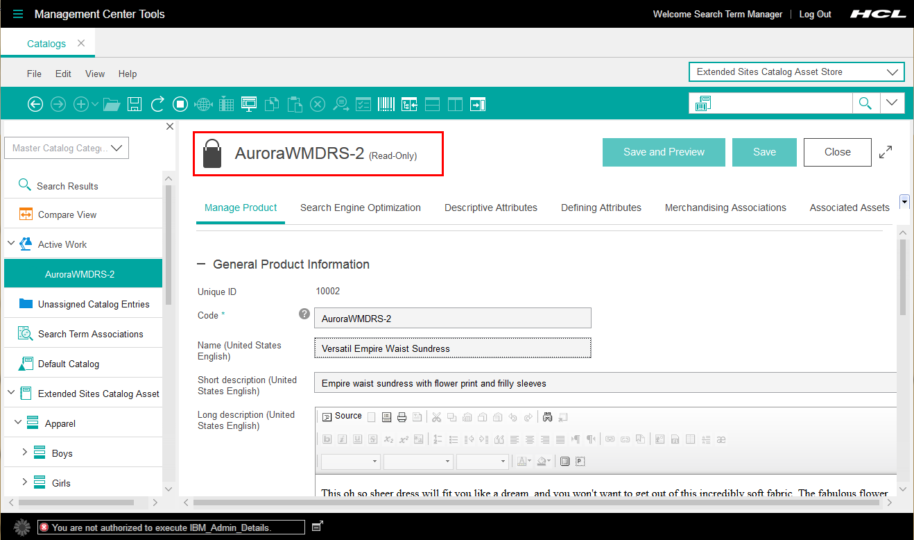 Captura de pantalla de un artículo de catálogo. El artículo es de solo lectura, y no se puede editar ningún campo.