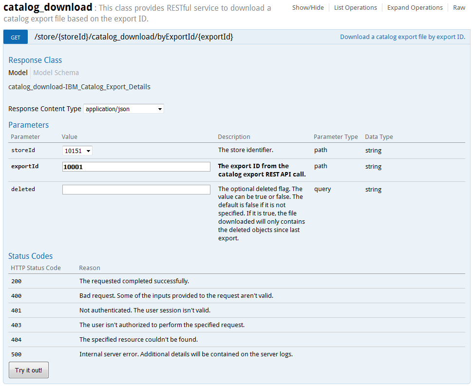 Interface utilisateur Swagger : entrée catalogue_download