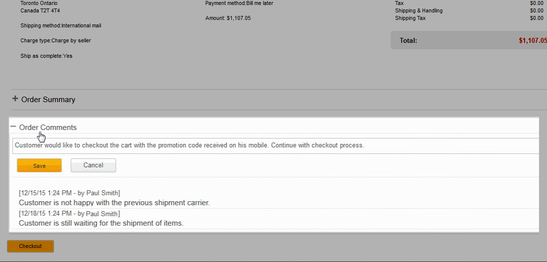 Widget Commentaires sur la commande