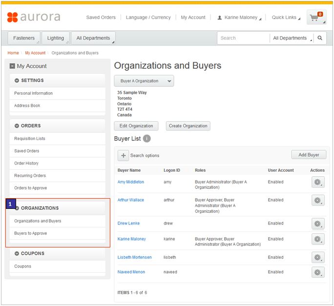 Section Organisations dans la barre latérale
