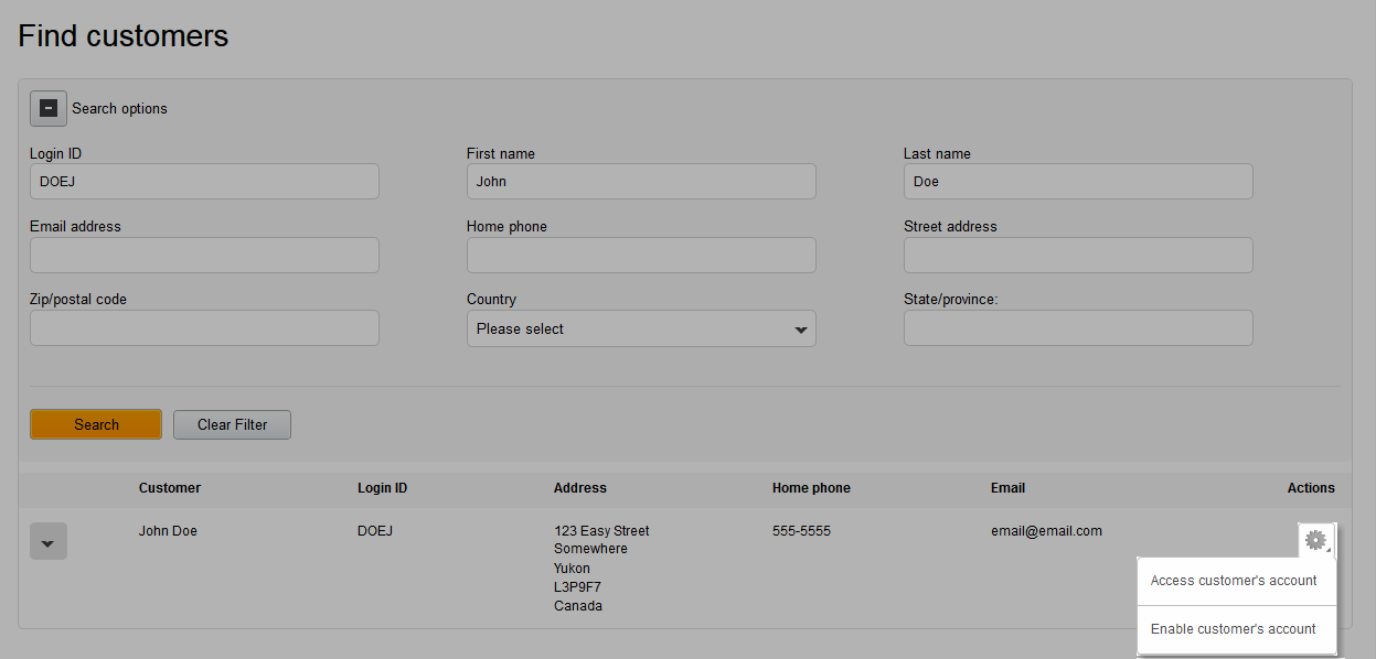 Recherche d'un client et menu Actions
