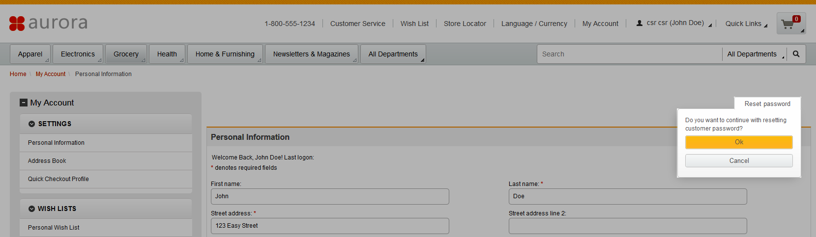 Réinitialisation du mot de passe par le représentant du service clientèle