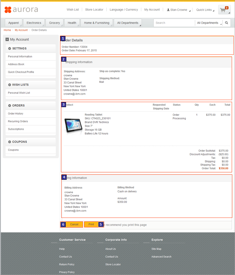 Capture d'écran de la page Détails de la commande