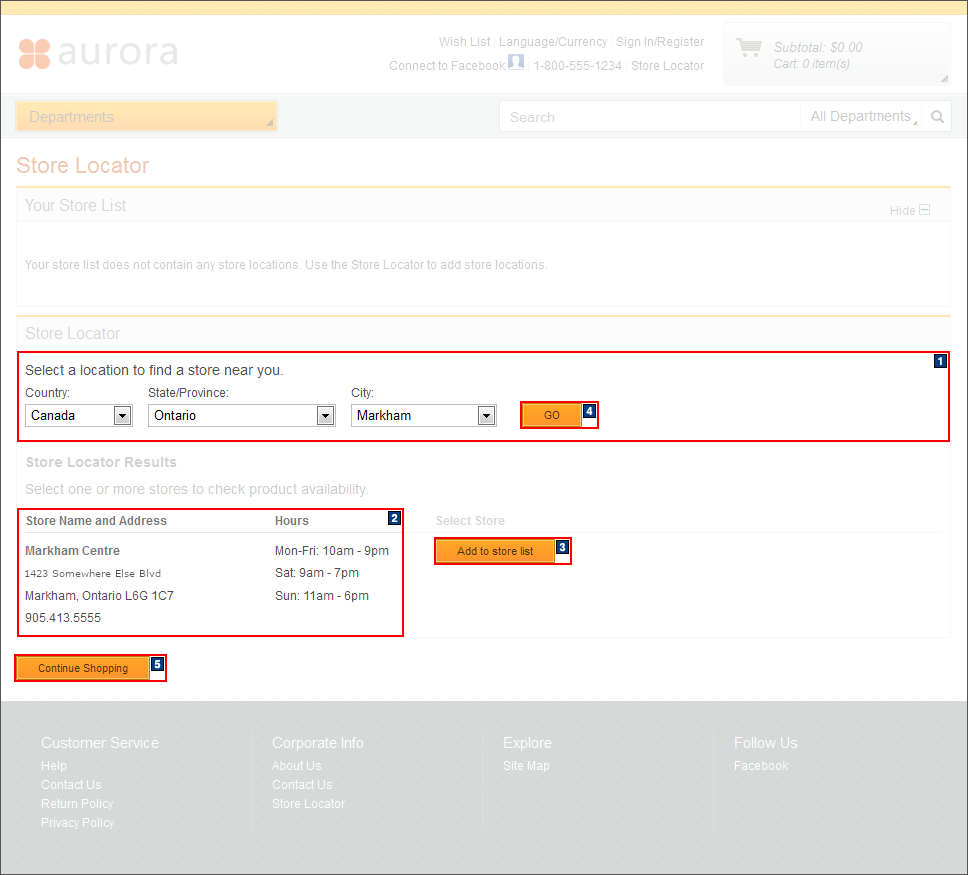 Capture d'écran de la page Localisateur de magasins