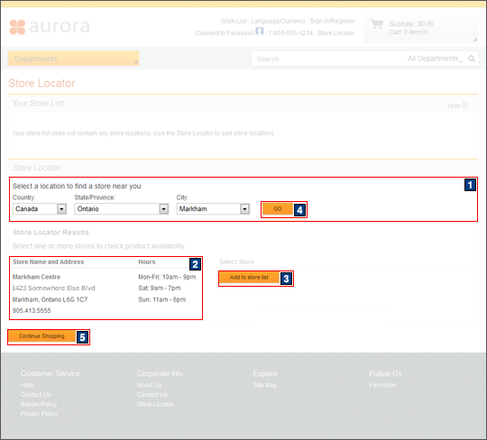 Capture d'écran de la page Localisateur de magasins