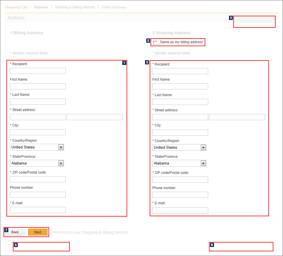 Capture d'écran de la page Adresse : paiement sans enregistrement