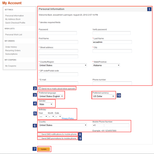 Capture d'écran de la page Informations personnelles