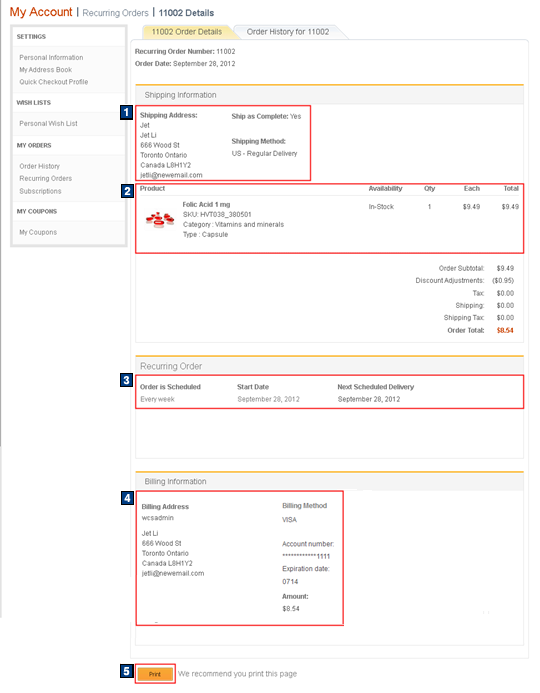 Capture d'écran de la page Commandes récurrentes