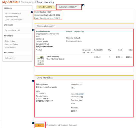 Mon compte : Capture d'écran de la page Détails de l'abonnement
