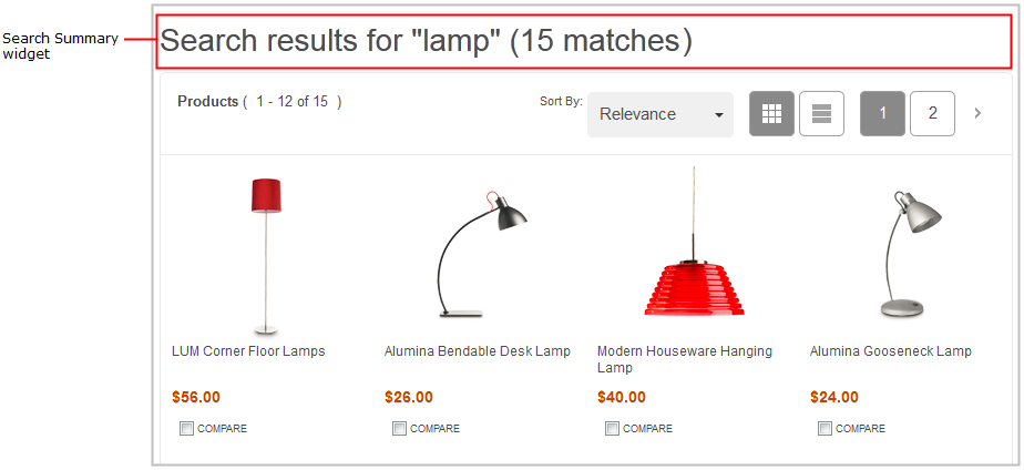 Exemple d'un widget Récapitulatif de la recherche