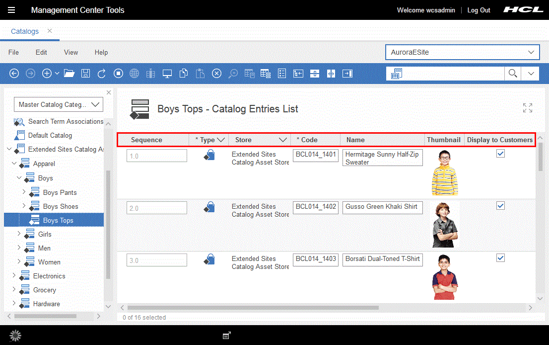 Exemple de vue de liste dans l'outil Catalogues