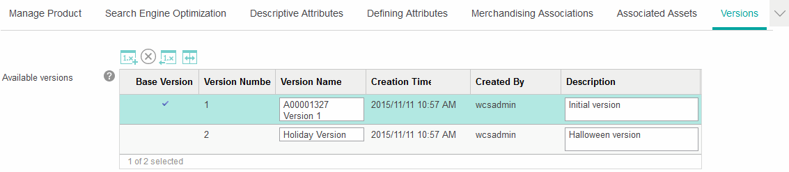 Liste des versions d'entrée de catalogue avec mise en évidence de la coche