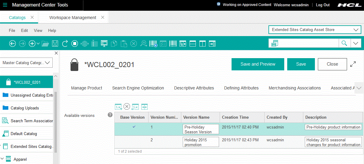 Liste des versions après restauration