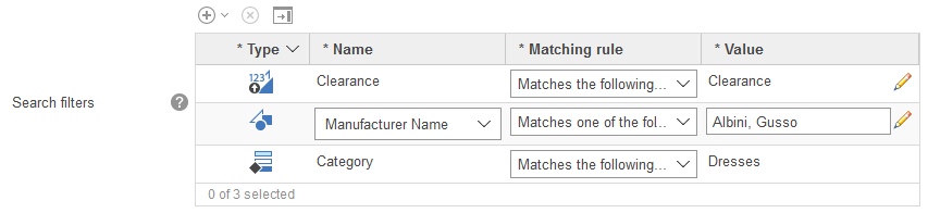 Capture d'écran des conditions de recherche.