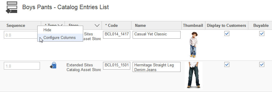 Capture d'écran Configurer les colonnes