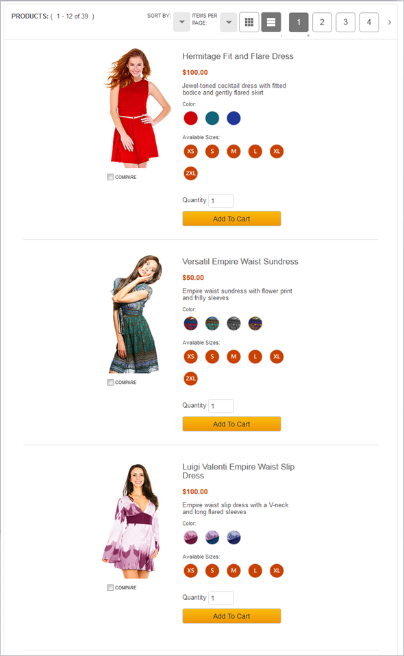 Exemple d'un widget Liste des entrées de catalogue - vue de liste
