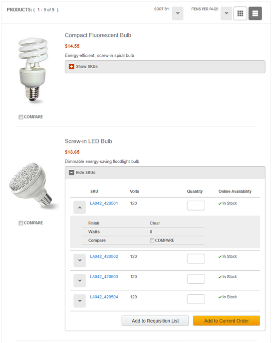 Exemple de widget Liste des entrées de catalogue avec les SKU affichées dans la vue de liste