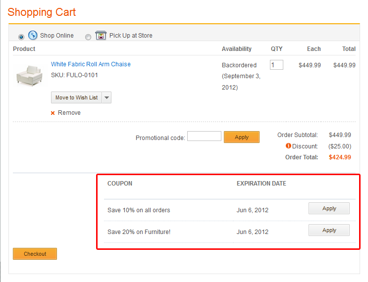Page Panier répertoriant les bons de réduction