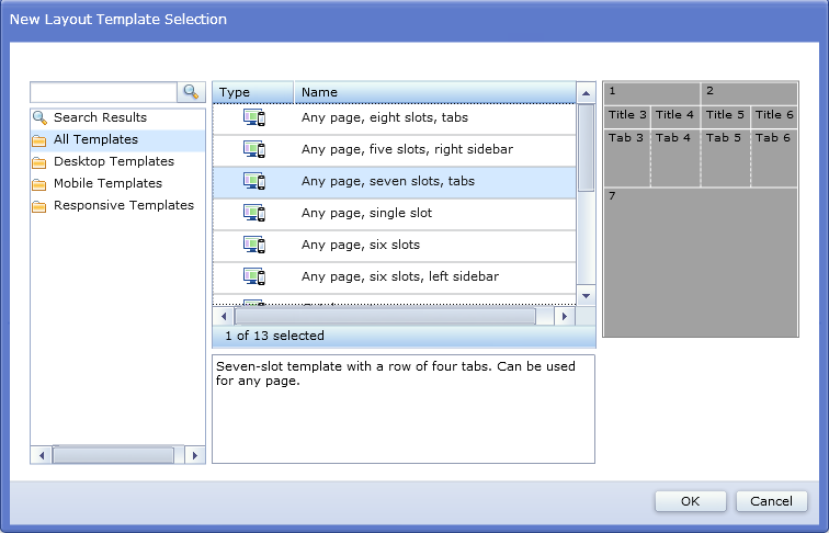 Sélection d'un nouveau modèle d'agencement avec un nouveau modèle d'agencement Page, sept emplacements, onglets.