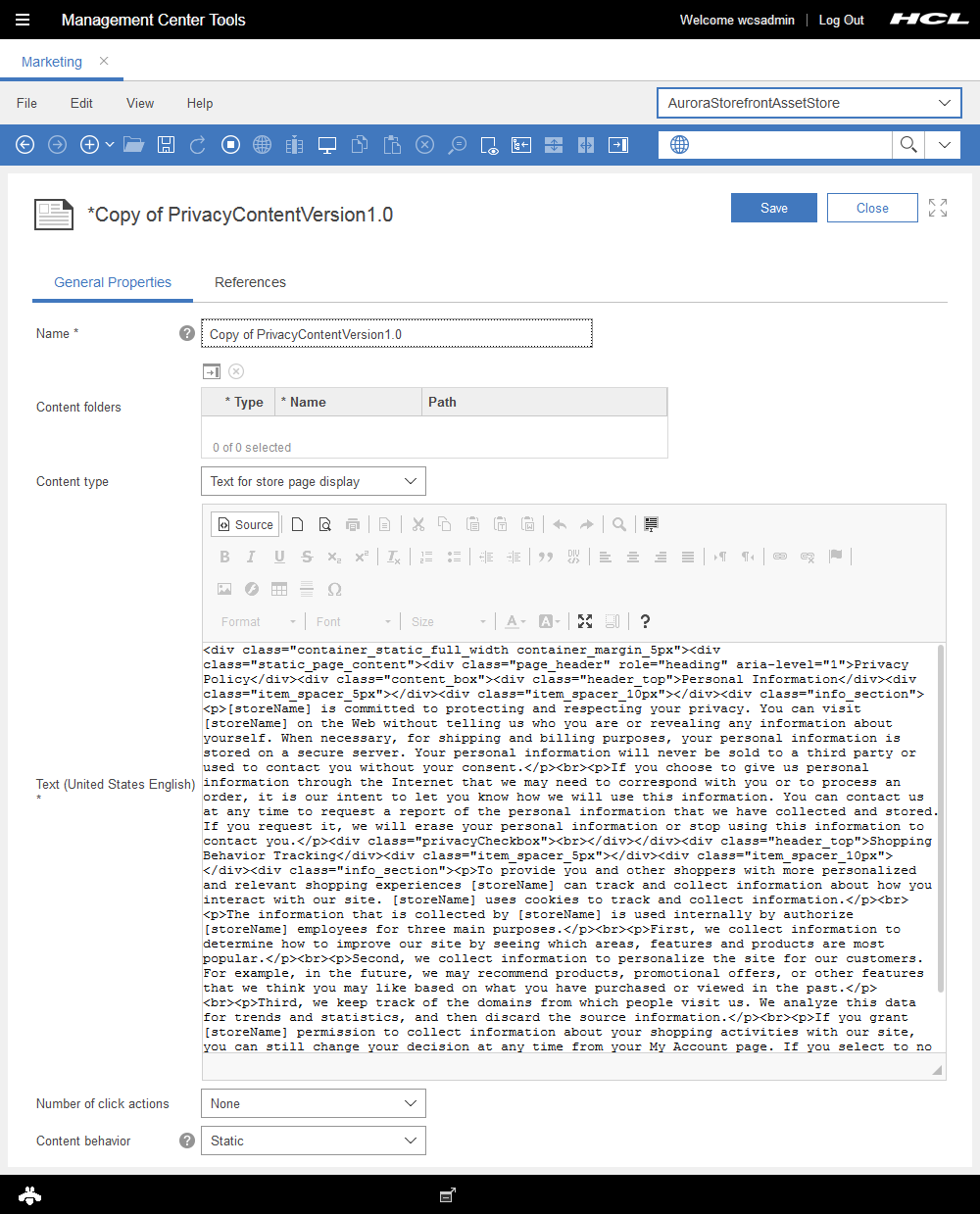 Image that shows the properties for a privacy content version.