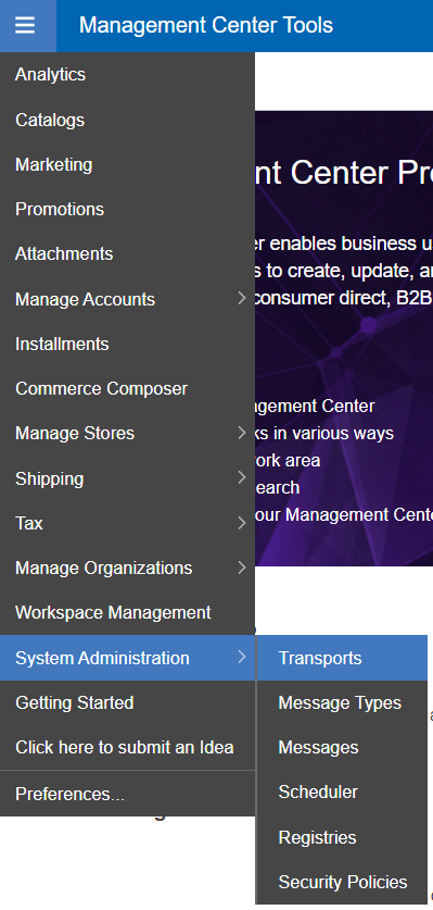 Management Center tools menu with workspaces enabled