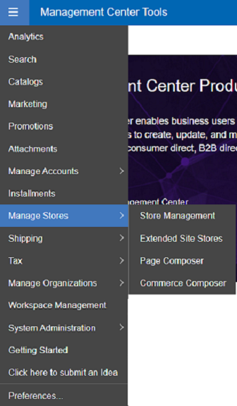 Management Center tools menu with workspaces enabled