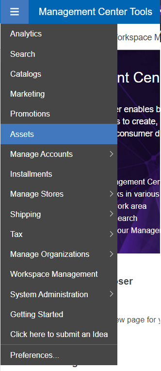 Management Center tools menu with workspaces enabled