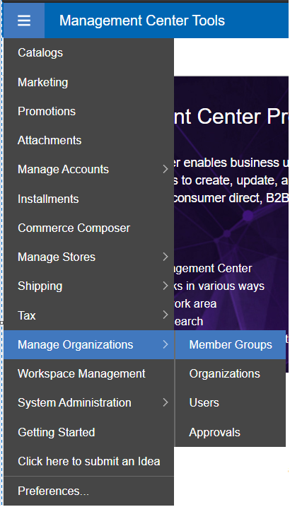 Management Center tools menu with workspaces enabled