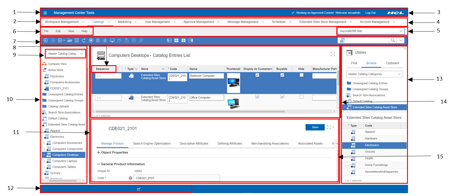 Management Center user interface screen capture containing numbered labels for different components