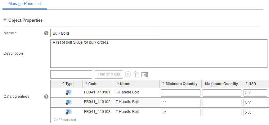 Range pricing in a price list