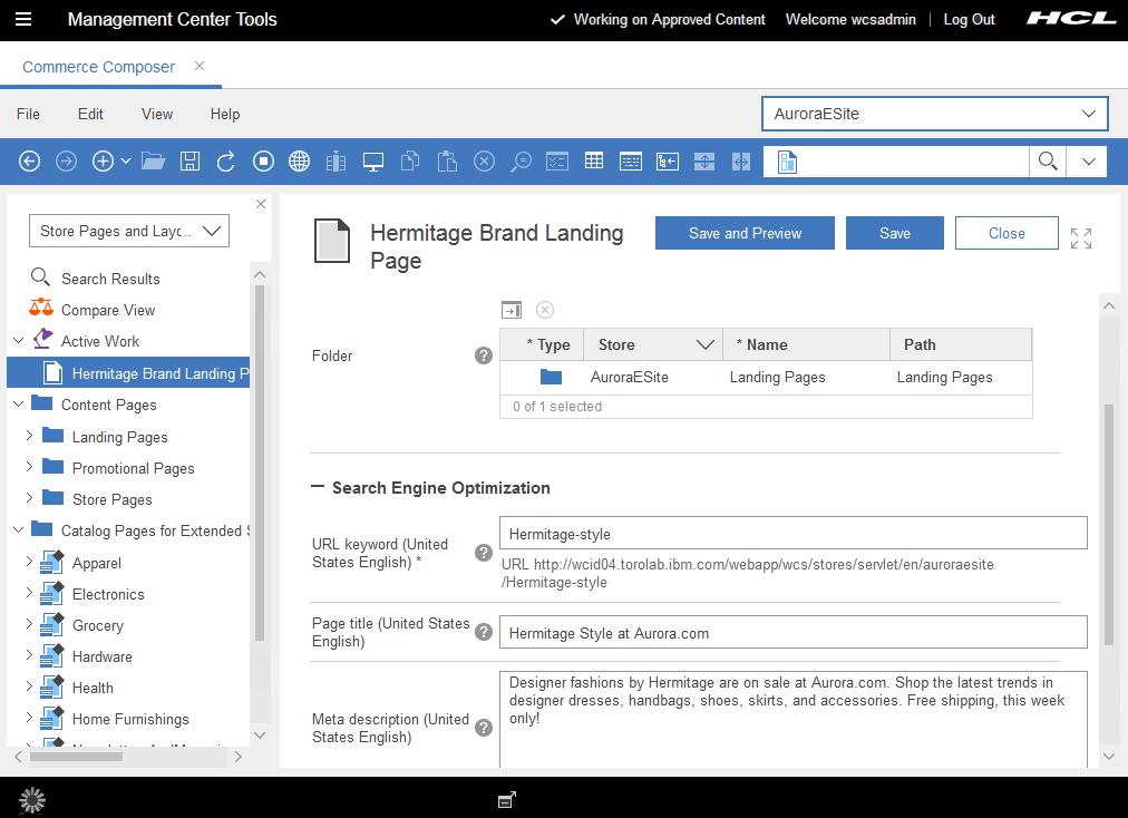 Creating a page in the Commerce Composer tool