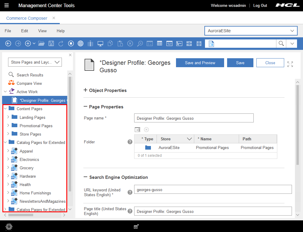 Page types in the Commerce Composer tool